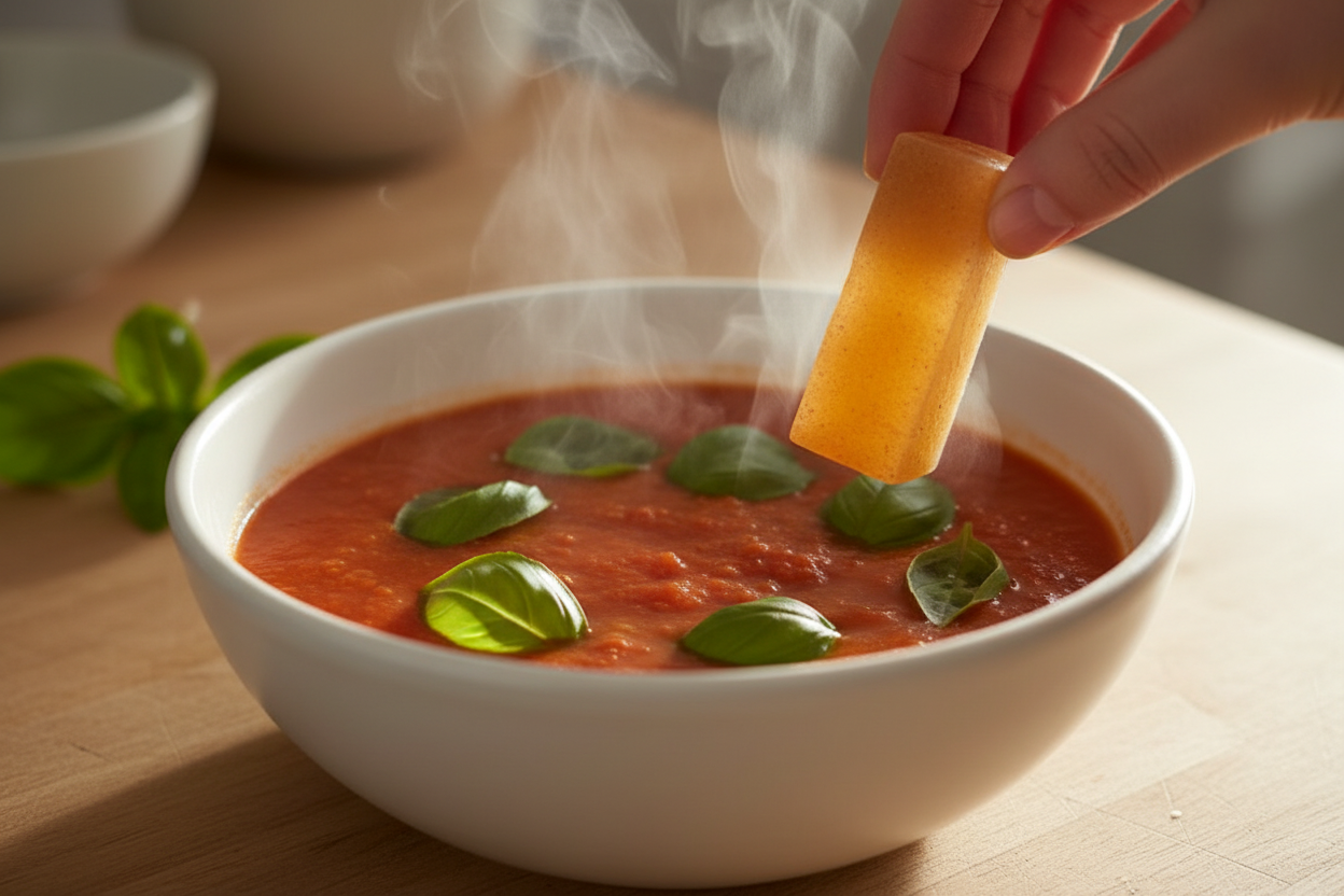 Broth block added to tomato and basil soup